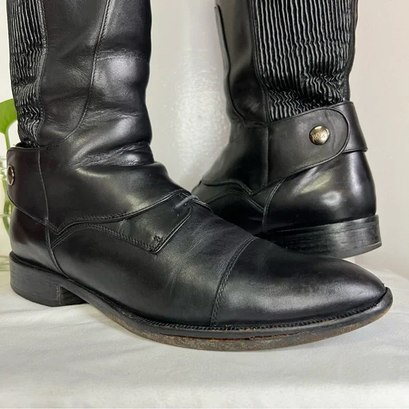 Hugo Boss Dress Knee High Black Leather Stretchy Calf Zip Boots 38 Almond Toe 8 - Picture 7 of 15